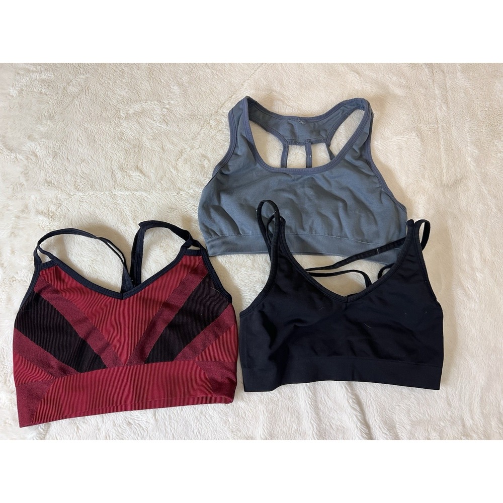 Lot Of 3 Bralettes Sports Bras Size M Gray Black Red Ribbed Knit All In Motion